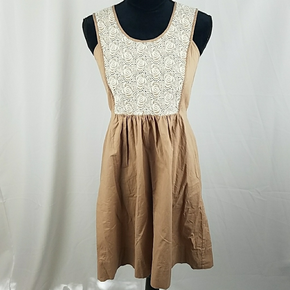LiL Anthropologie women 4 brown cream floral lace embroidered sleevelessâ dress